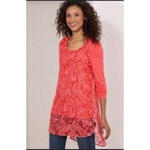 Soft Surroundings Adele Tunic Top Petite M Lace Silk Overlay Poppy Pink Coral